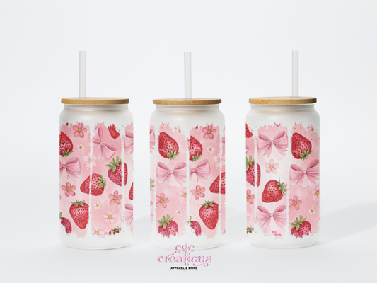 Strawberries & Coquettes 16oz Glass Cup With Lid