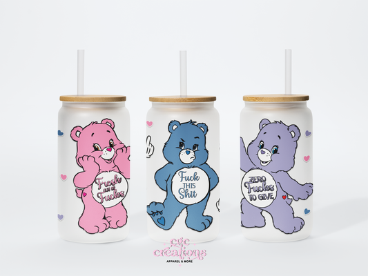 Swear Bears 16oz Glass Cup With Lid