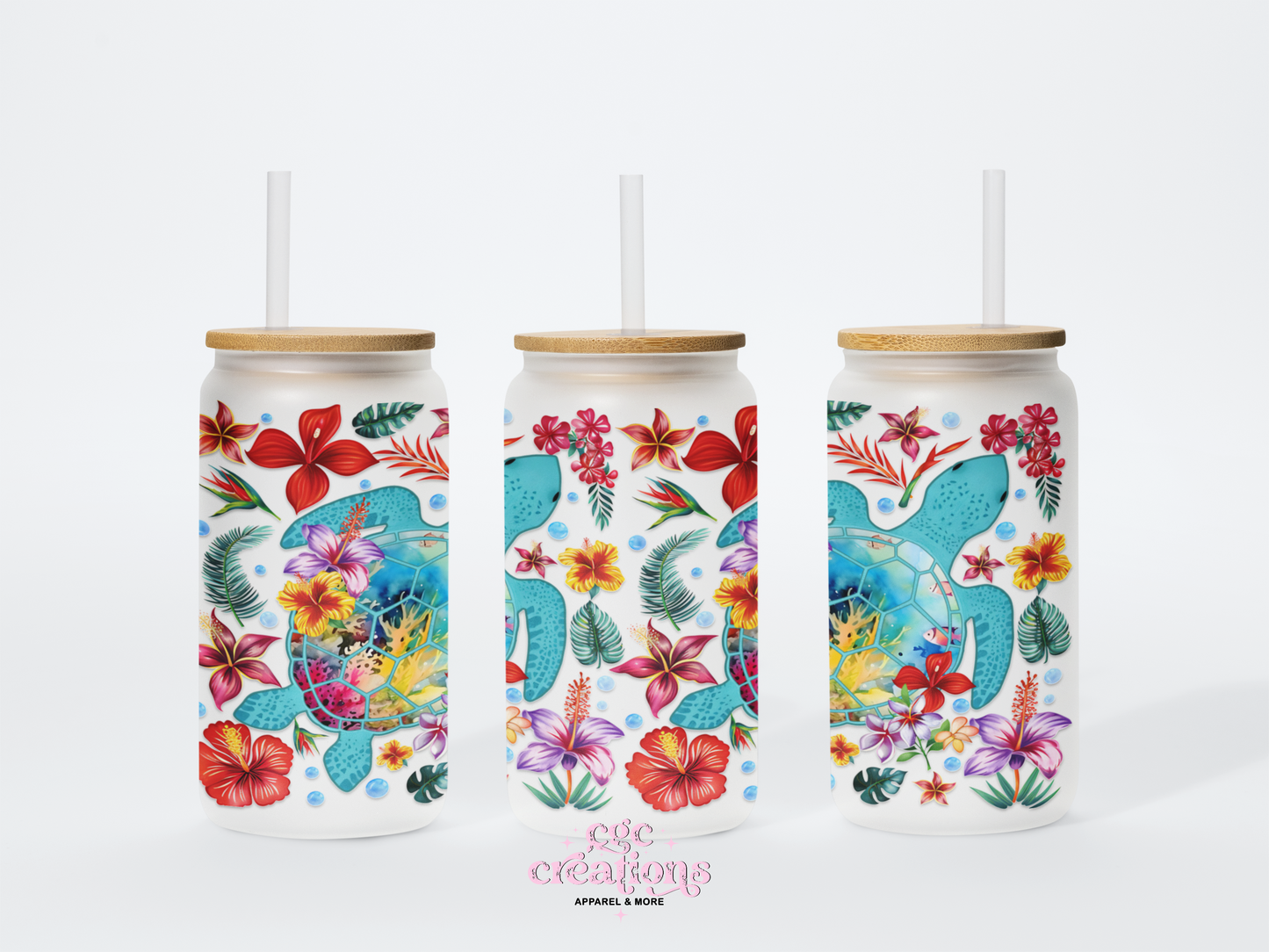 Floral Turtles 16oz Glass Cup With Lid