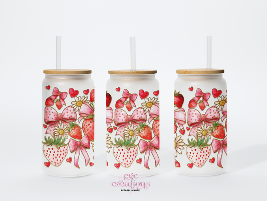 Strawberries & Coquettes # 2 16oz Glass Cup With Lid