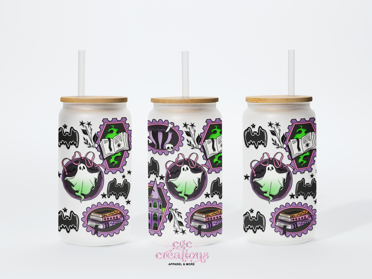Spooky Stamp Collage 16oz Glass Cup With Lid