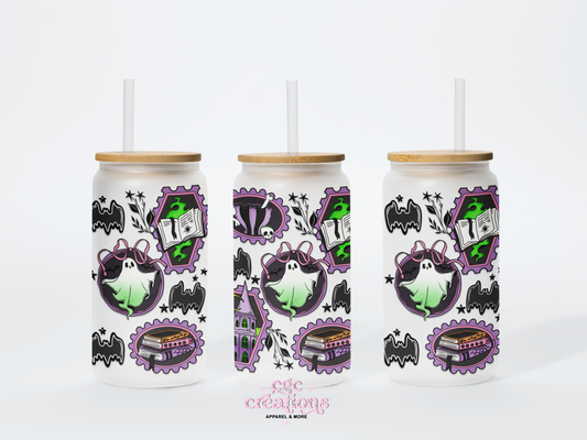 Spooky Stamp Collage 16oz Glass Cup With Lid