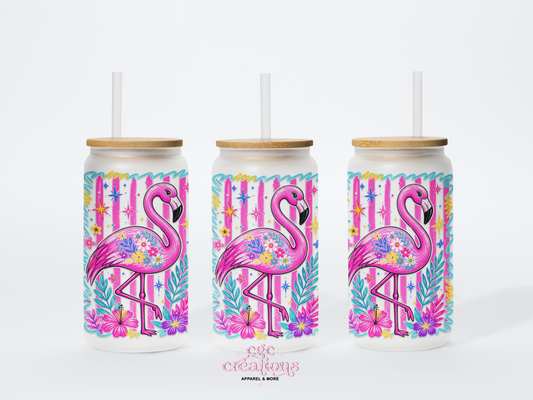 Flamingo 16oz Glass Cup With Lid