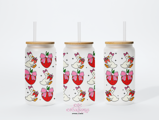 Strawberry Goose 16oz Glass Cup With Lid