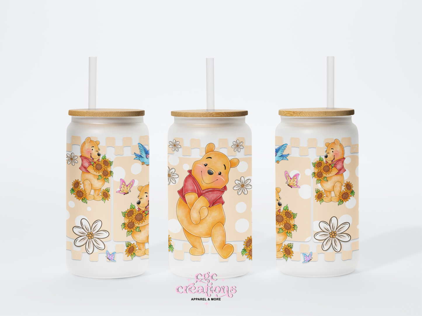 Yellow Bear 16oz Glass Cup With Lid