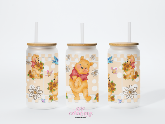 Yellow Bear 16oz Glass Cup With Lid