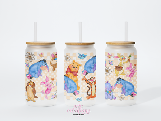 Bear and Friends 16oz Glass Cup With Lid