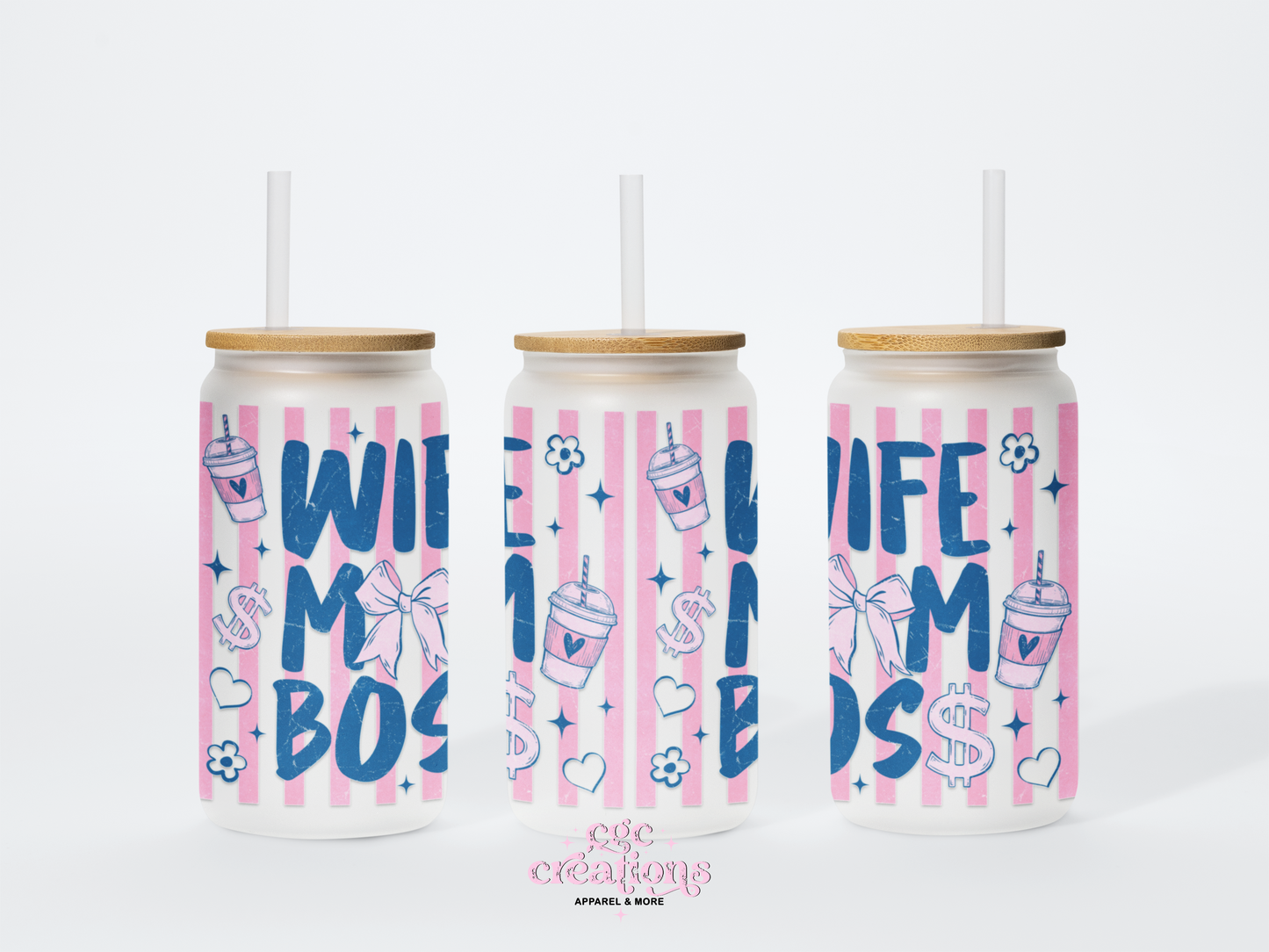 Wife, Mom, Boss 16oz Glass Cup With Lid