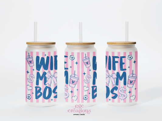 Wife, Mom, Boss 16oz Glass Cup With Lid