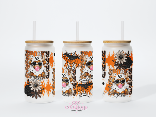 Halloween Ghost Cow 16oz Glass Cup With Lid