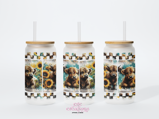 Floral Checkered Highland Cow #3 - 16oz Glass Cup With Lid