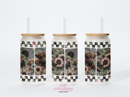 Floral Checkered Highland Cow #2 - 16oz Glass Cup With Lid