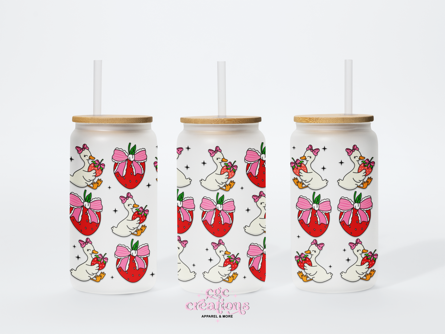 Ducks & Strawberries 16oz Glass Cup With Lid