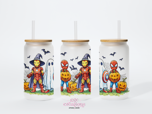 Action Hero's Halloween 16oz Glass Cup With Lid