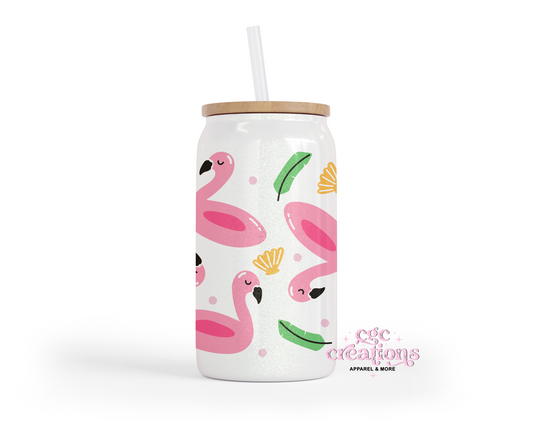 Floating Flamingo 16oz Glass Cup With Lid