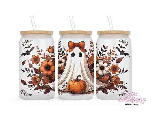 Floral Ghost 16oz Glass Cup With Lid