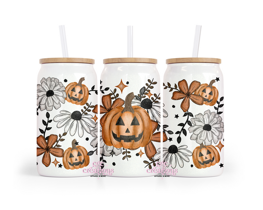 Floral Pumpkin 16oz Glass Cup With Lid