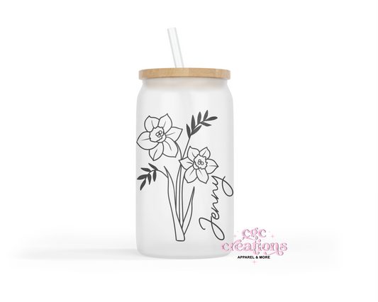 Personalized Birth Month Flower 16oz Glass Cup With Lid