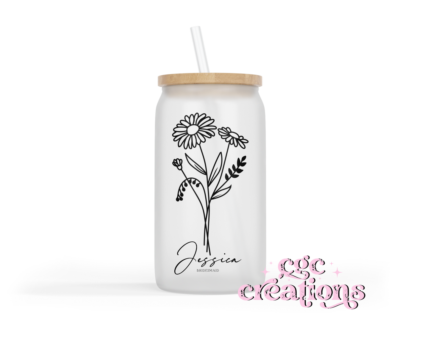 Wedding Party Personalized 16oz Glass Cup With Lid