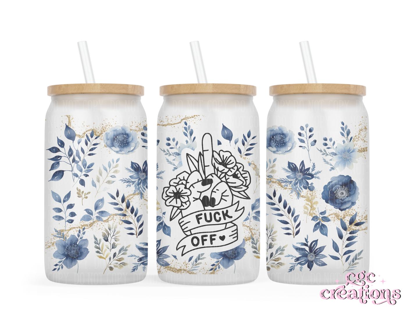 Fuck off Blue Floral 16oz Glass Cup With Lid