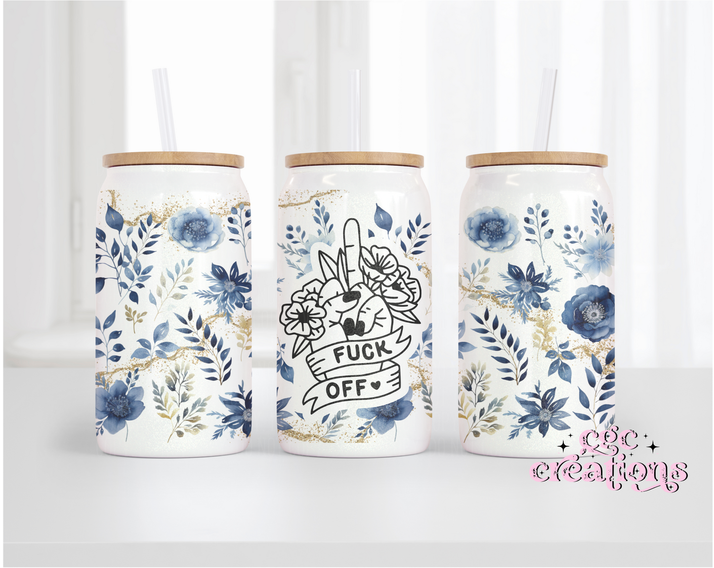 Fuck off Blue Floral 16oz Glass Cup With Lid