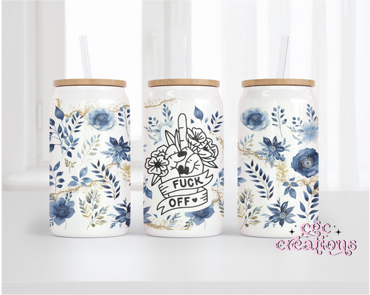 Fuck off Blue Floral 16oz Glass Cup With Lid