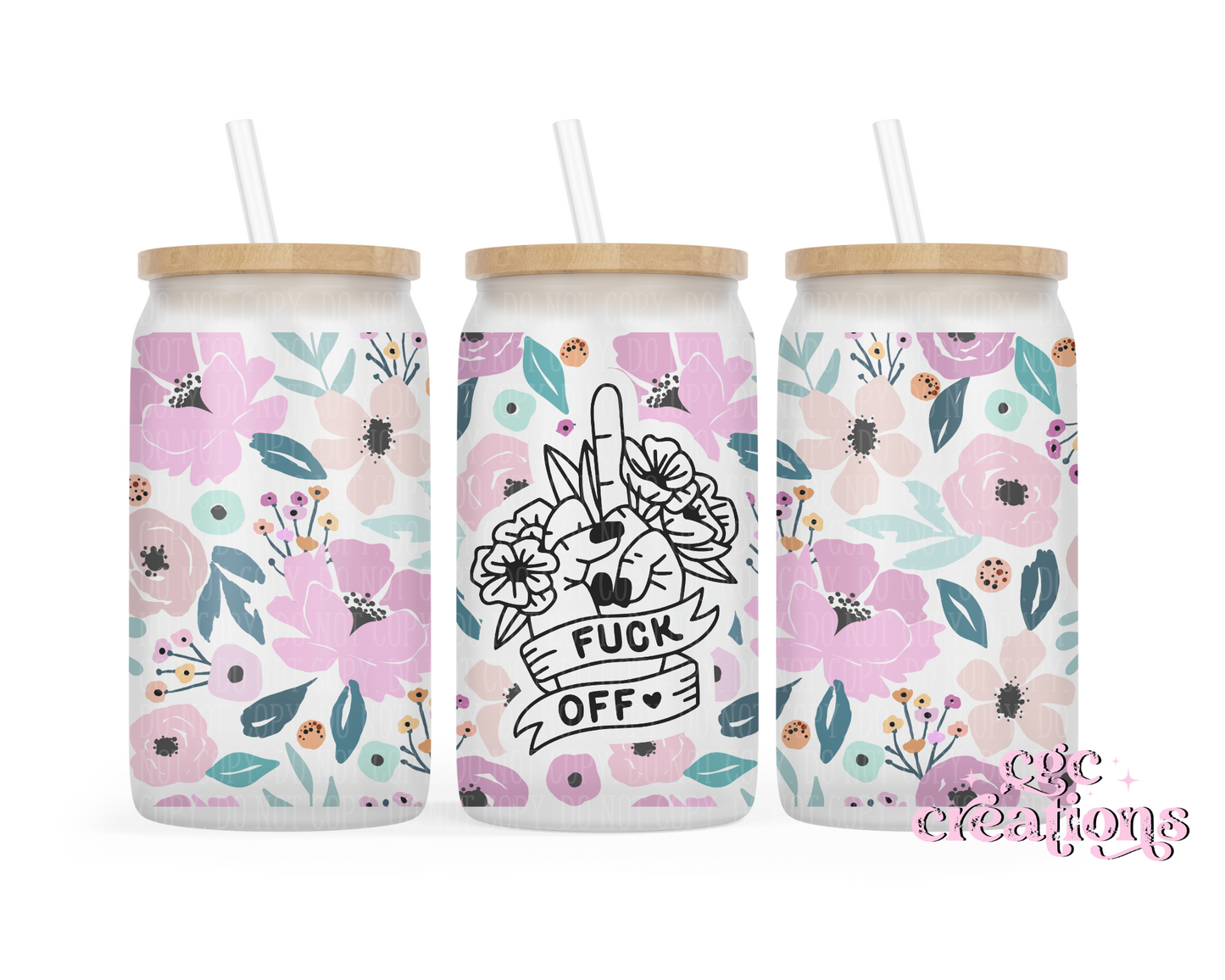 Fuck off Pink Floral 16oz Glass Cup With lid