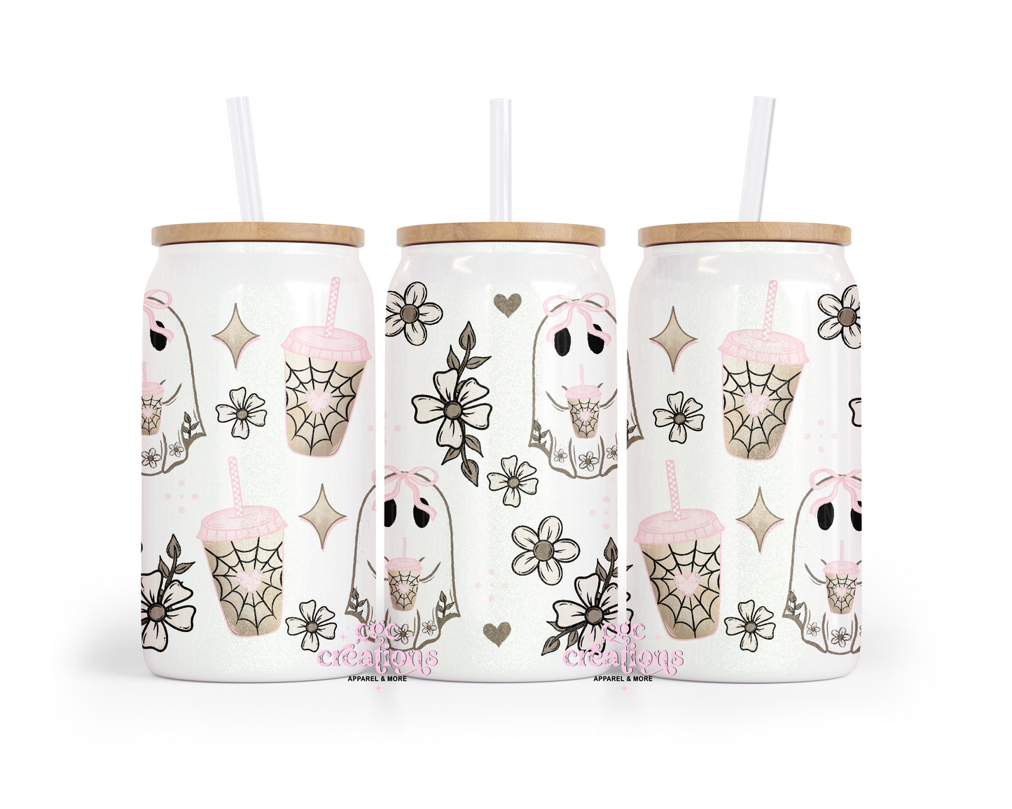 Cute Ghostie 16oz Glass Cup With Lid