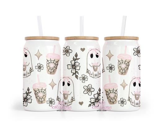 Cute Ghostie 16oz Glass Cup With Lid