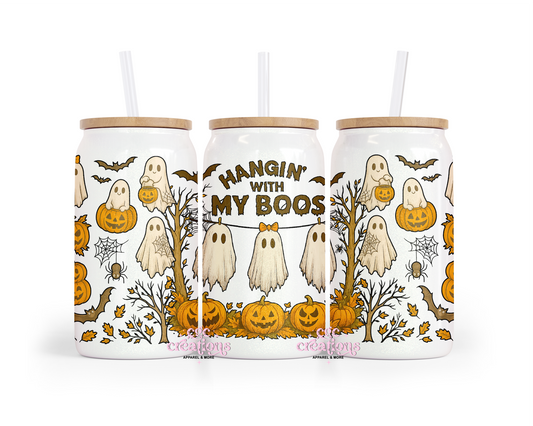 Hangin With My Boos 16oz Glass Cup With Lid