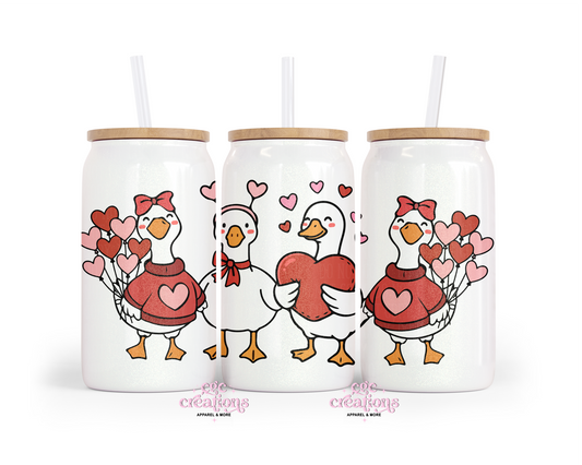 Ducks With Hearts 16oz Glass Cup With Lid