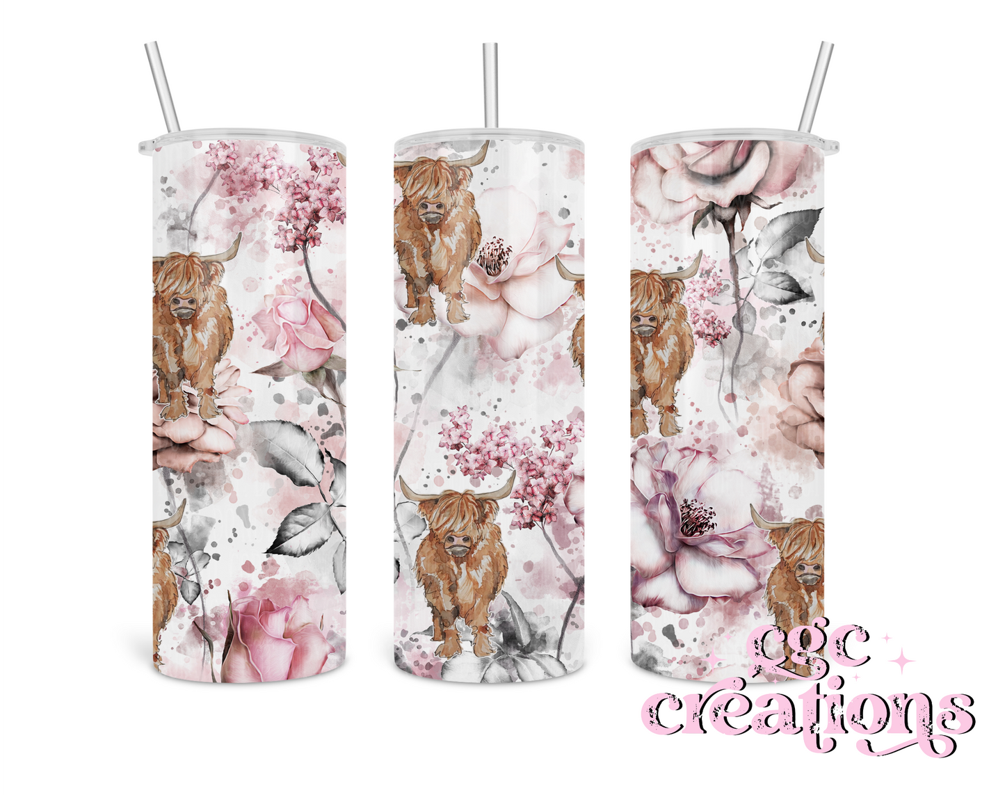 Pink Floral Highland Cow 20 oz Tumbler