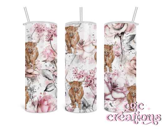 Pink Floral Highland Cow 20 oz Tumbler