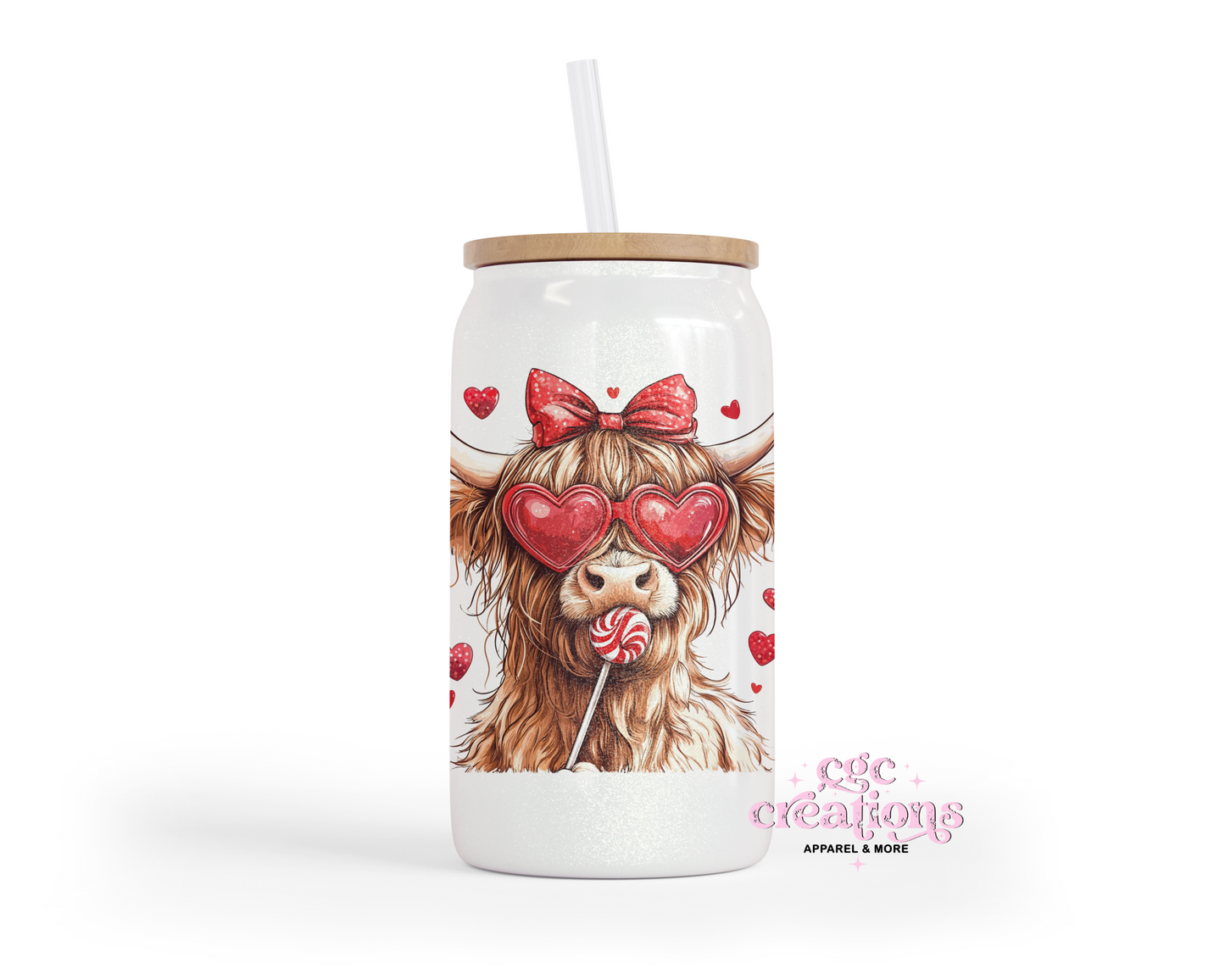 Cute Highland Cow With hearts 16oz Glass Cup With Lid