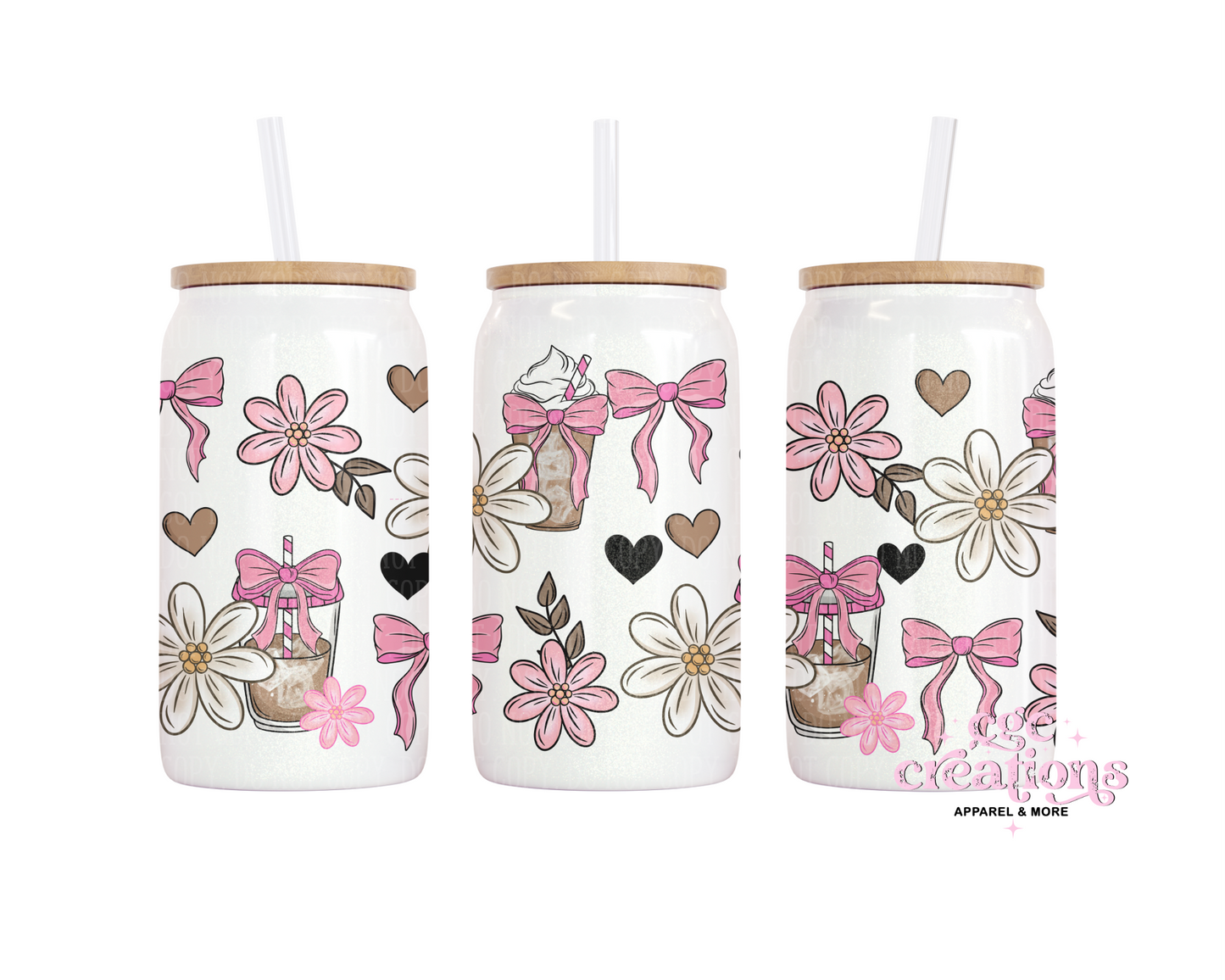 Iced Coffee Floral Bow 16oz Glass Cup With Lid