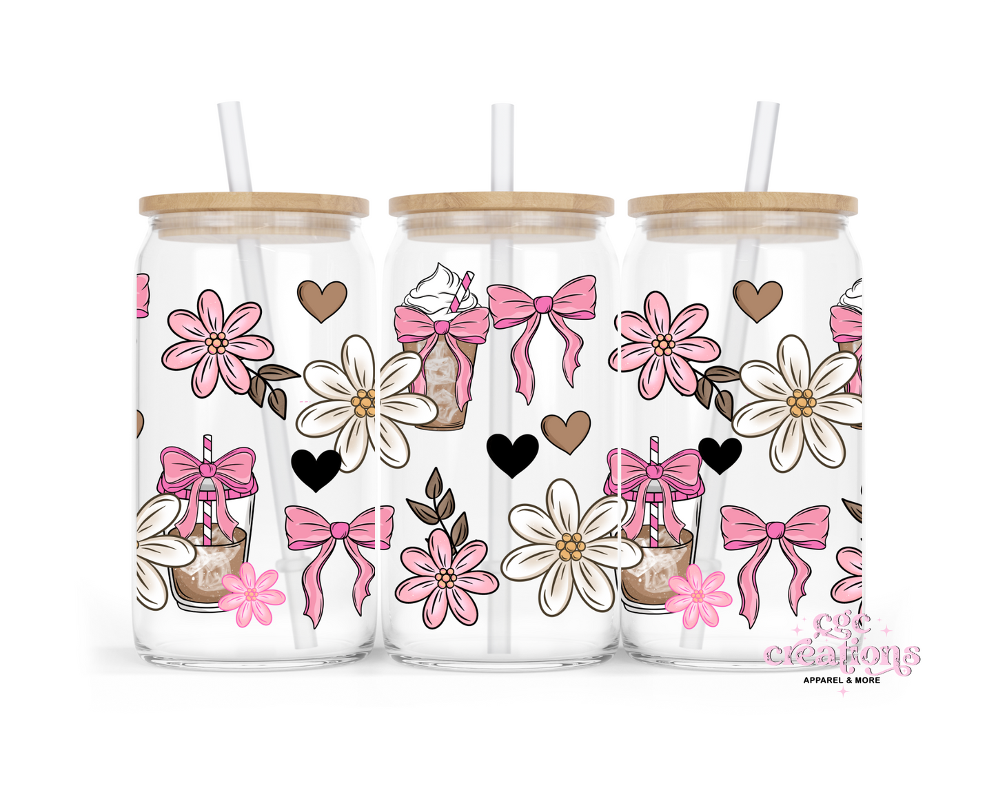 Iced Coffee Floral Bow 16oz Glass Cup With Lid