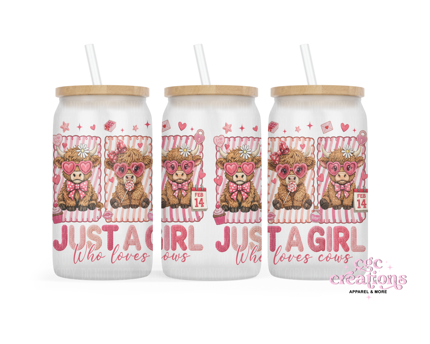 Just A Girl Who Loves Cows 16oz Glass Cup With Lid