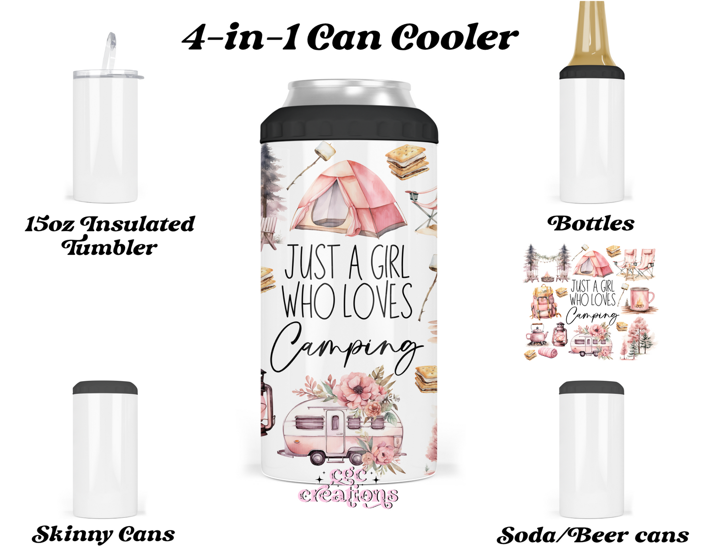 Just A Girl Who Loves Camping 4-in-1 can cooler