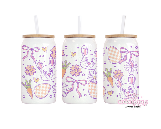 Cute Retro Purple Bows and Bunnies 16oz Glass Cup With Lid