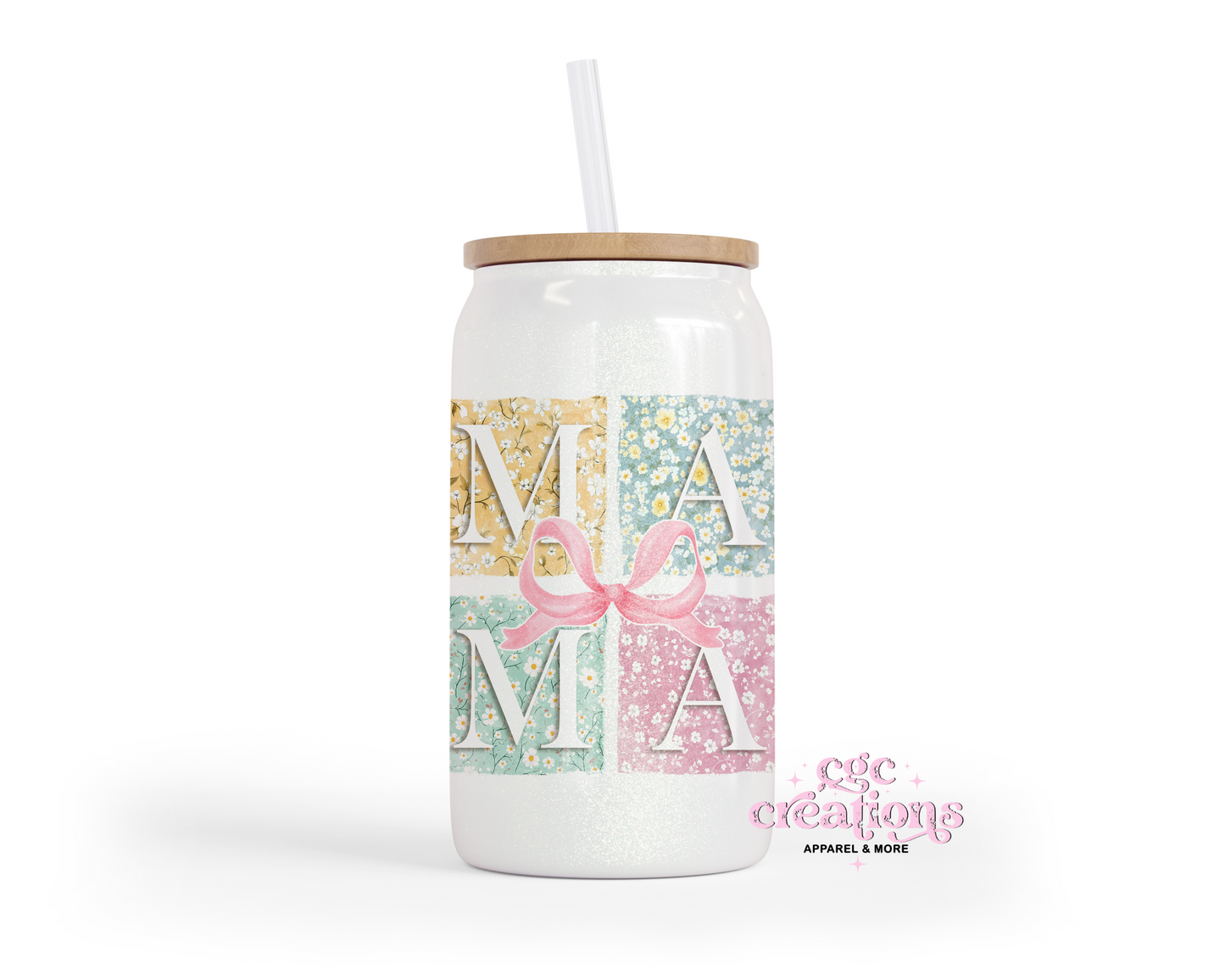 Mama Patchwork 16oz Glass Cup With Lid