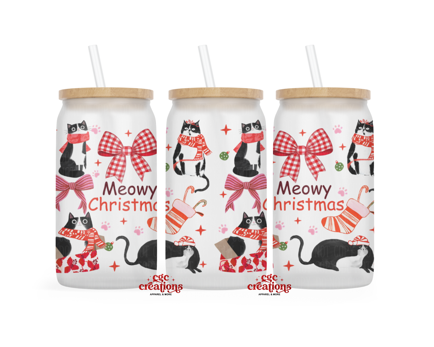 Meowy Christmas 16oz Glass Cup With Lid