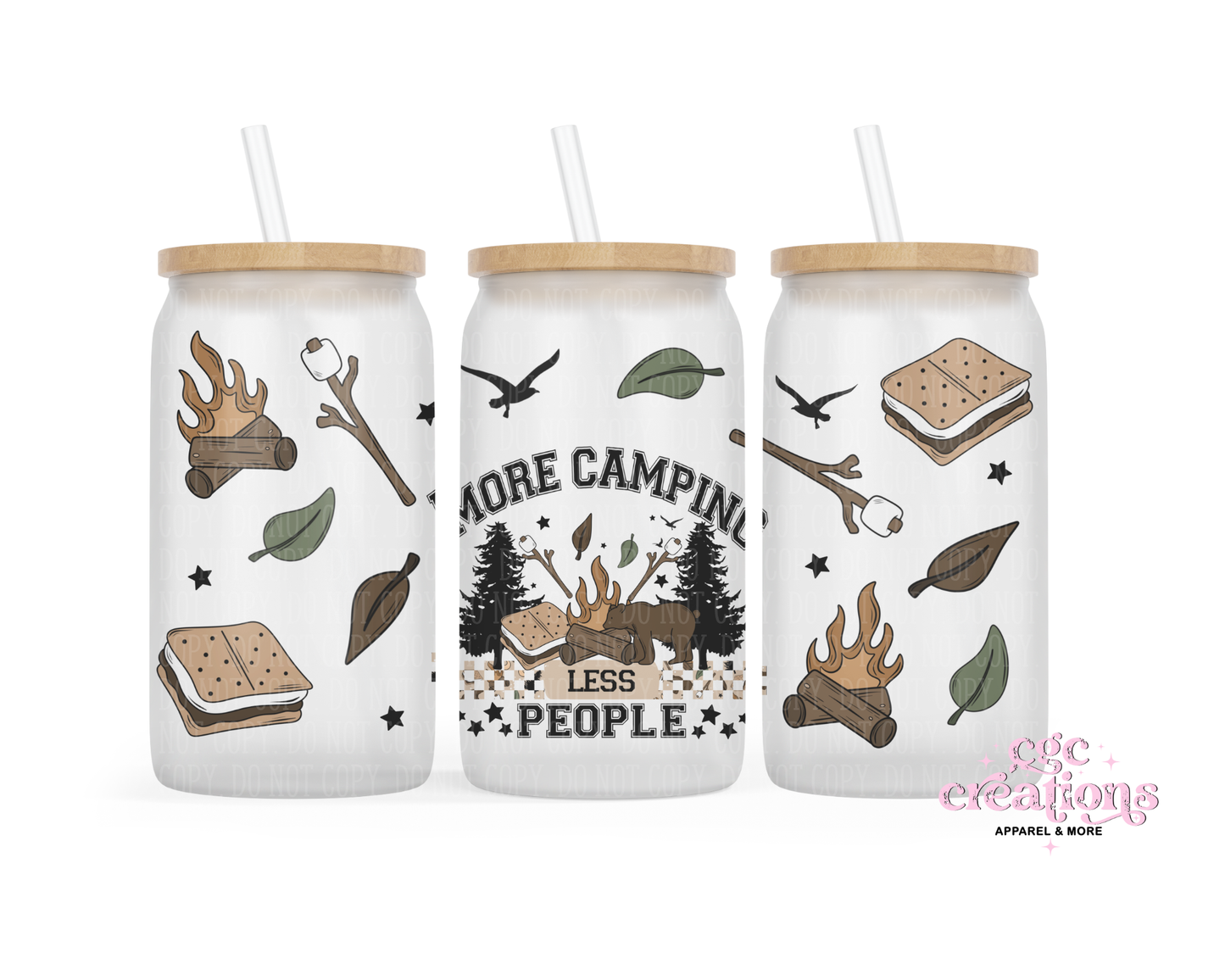 More Camping Less People 16oz Glass Cup With Lid