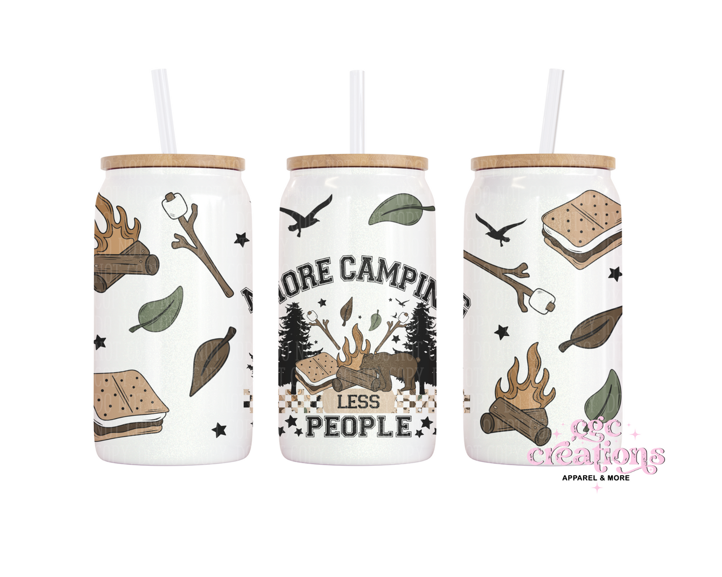 More Camping Less People 16oz Glass Cup With Lid