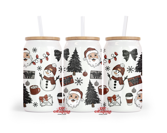 Santa Collage 16oz Glass Cup With Lid