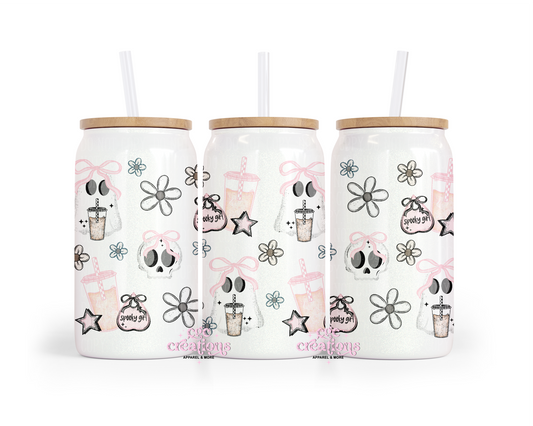 Spooky Girl 16oz Glass Cup With Lid