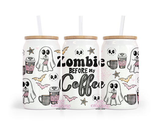 Zombie Before My Coffee 16oz Glass Cup With Lid